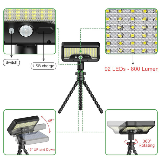 Outdoor Solar Light with Motion Sensor, Octopus Bracket, Adjustable Angle, USB & Solar Powered